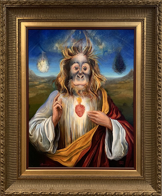 This is a photo of a realistic looking painting of a monkey in a spiritual robe. The colors are vibrant. The image feels uplifting. The painting is in a thick ornate gold frame.