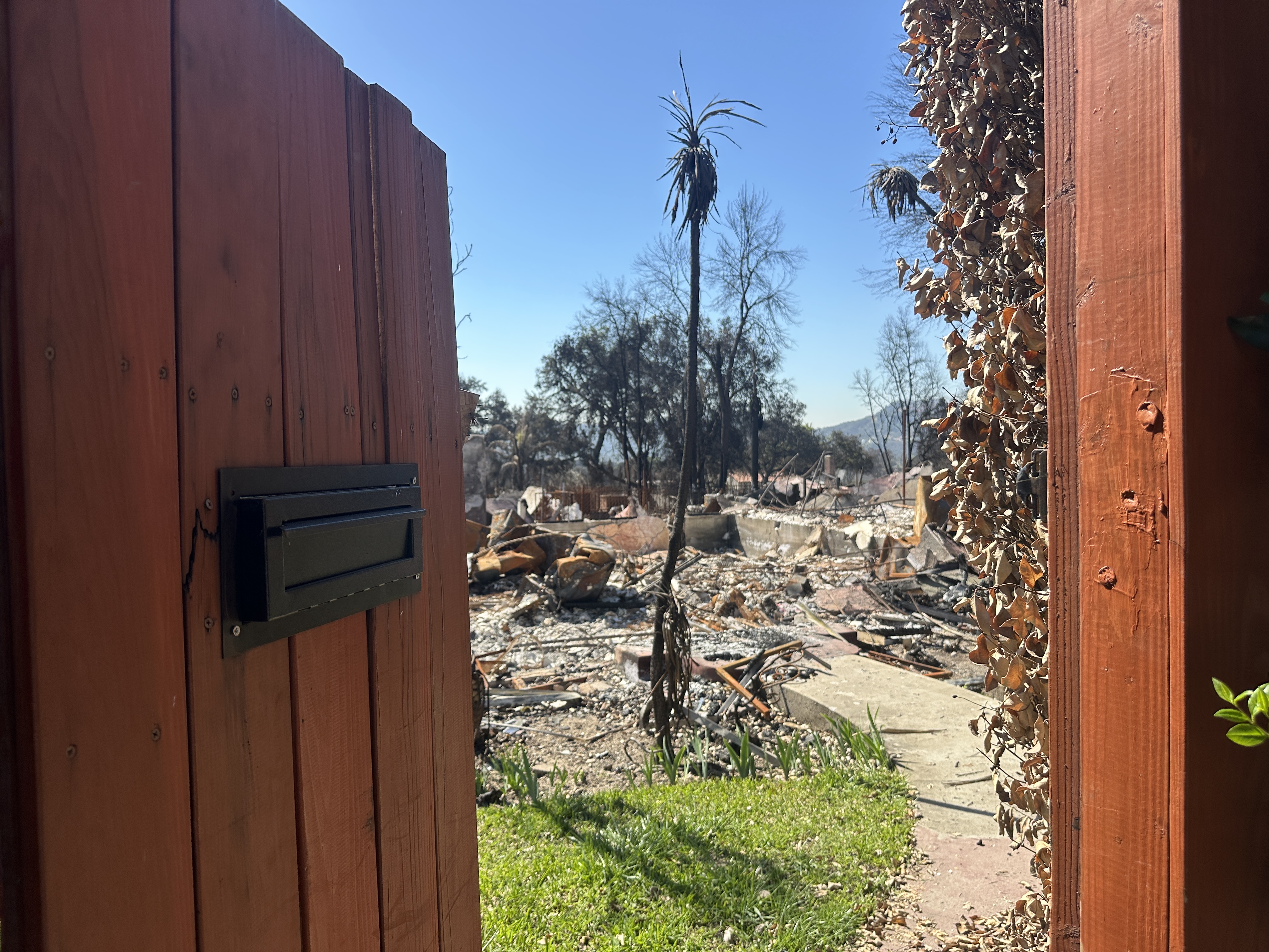 An orange door opening to reveal fire devasation