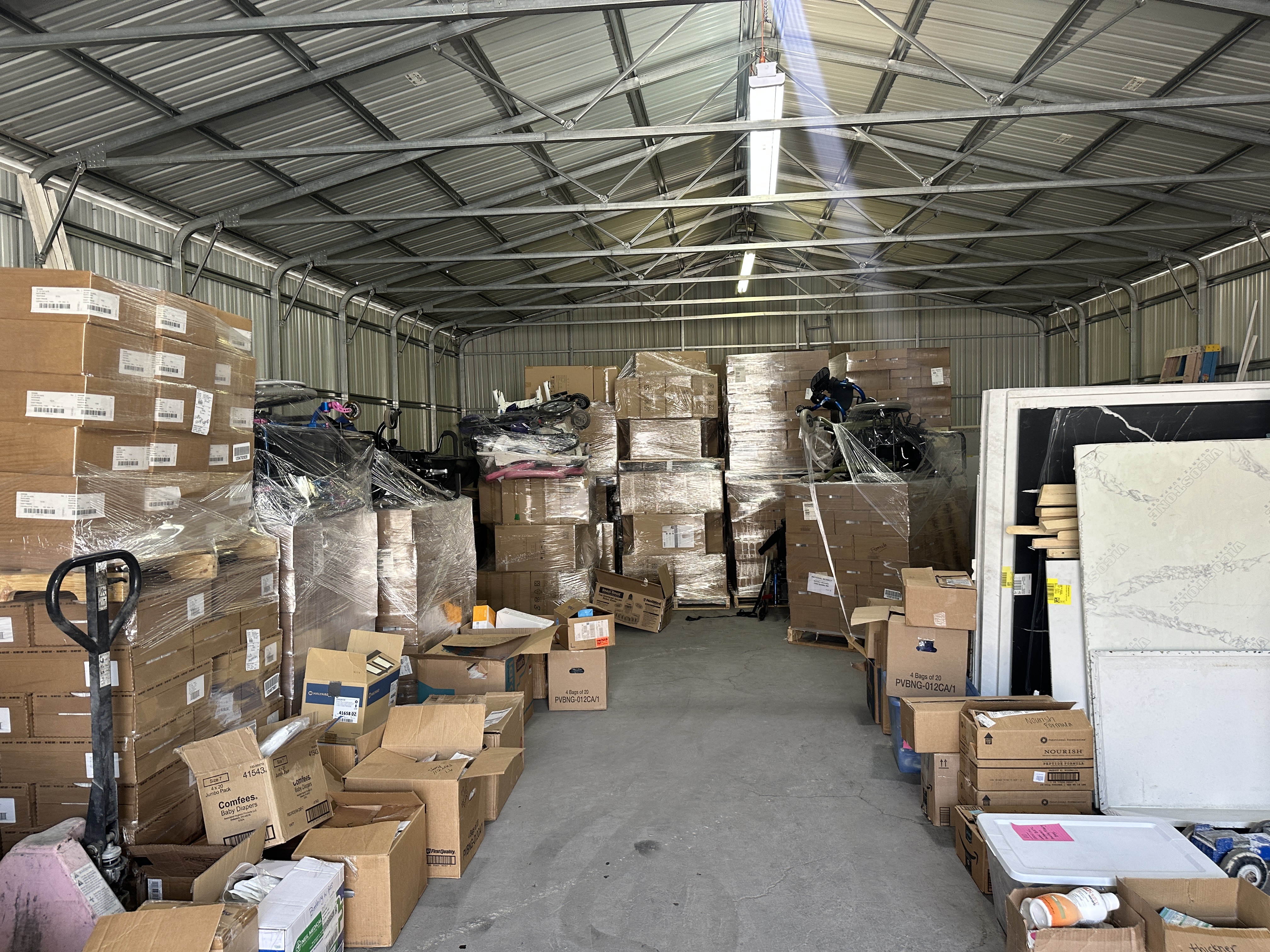 Kate's Warehouse, full of boxes of medical supplies